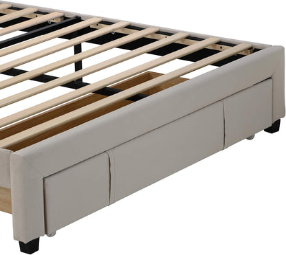 Cama de plataforma tapizada de terciopelo con un cajón grande, cama de