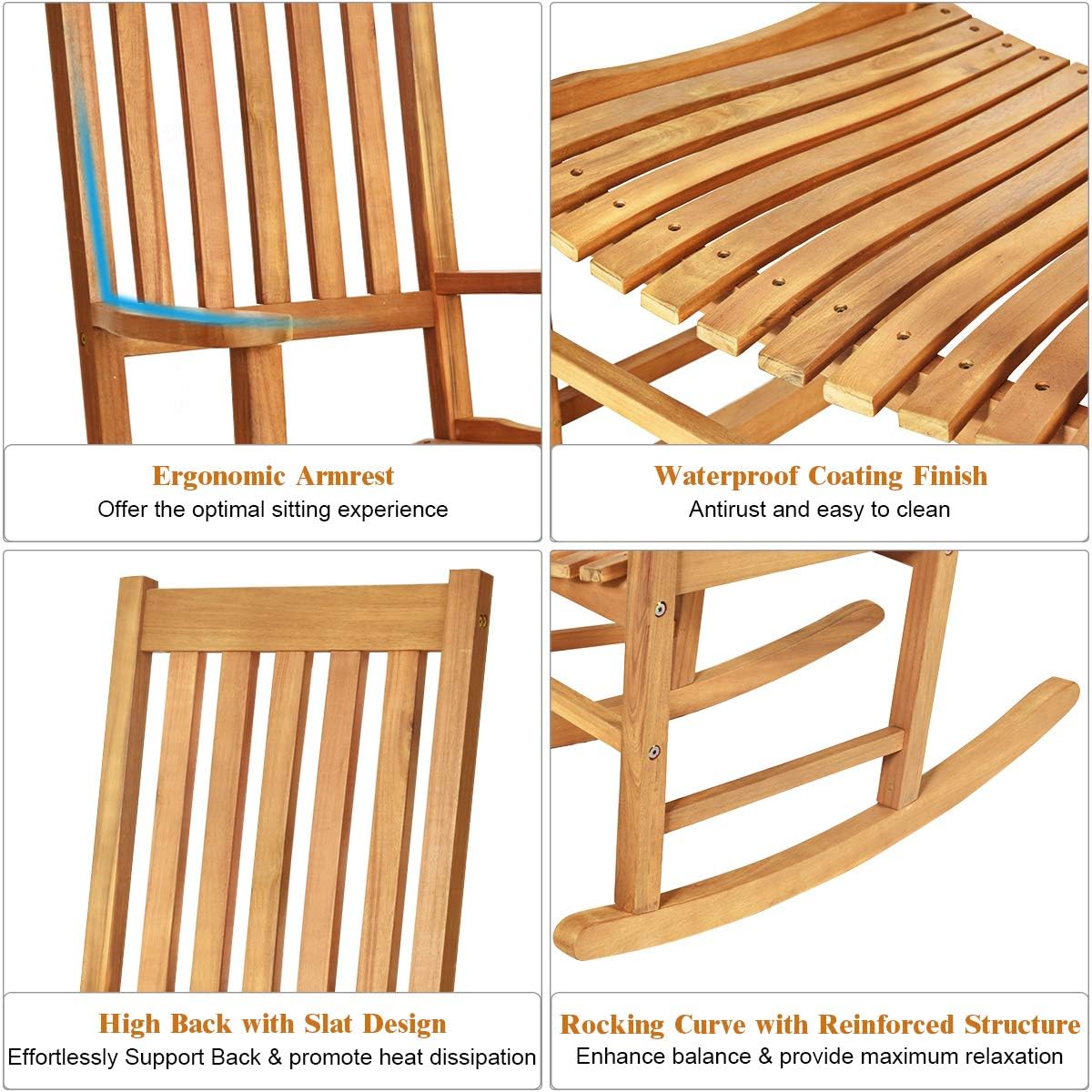 Tangkula Juego de mecedoras de madera de acacia, mecedora de madera con...