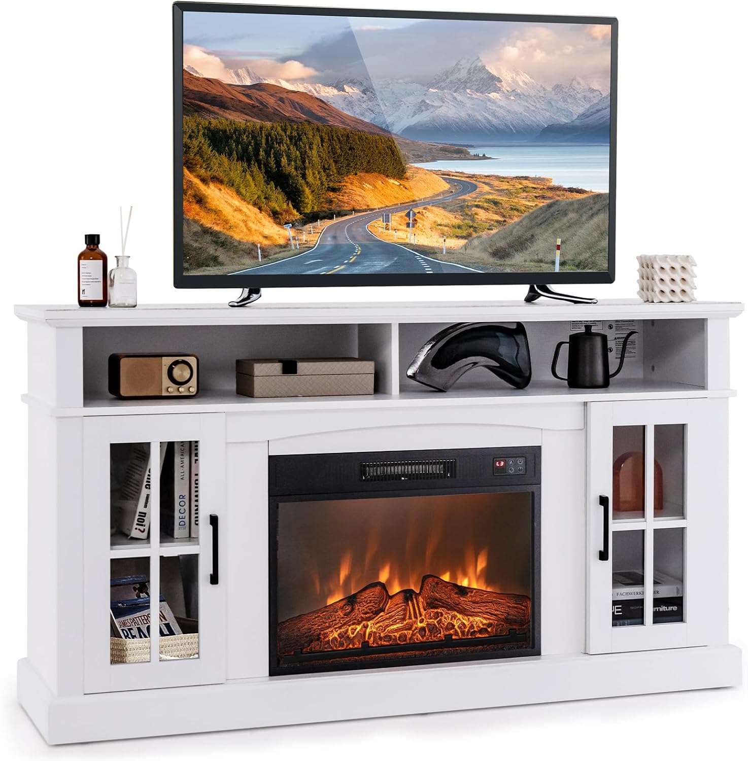 Tangkula Soporte de TV con chimenea para televisores de hasta 65 pulgadas,...
