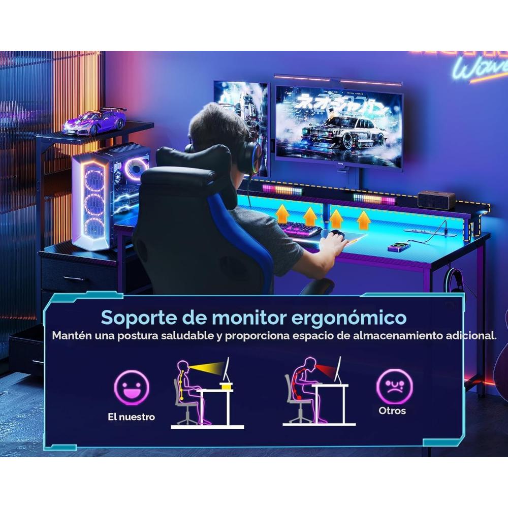 Escritorio Gamer Reversible AODK, Con Luz Led Y Puertos De Carga USB, Con Estantes De Almacenamiento Y Soporte Para Monitor