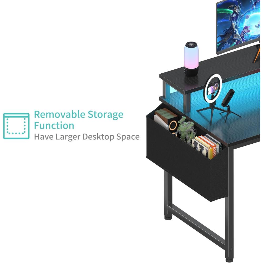 Escritorio Para Juegos Con Luces LED Y Tomas De Corriente, Lufeiya, Negro