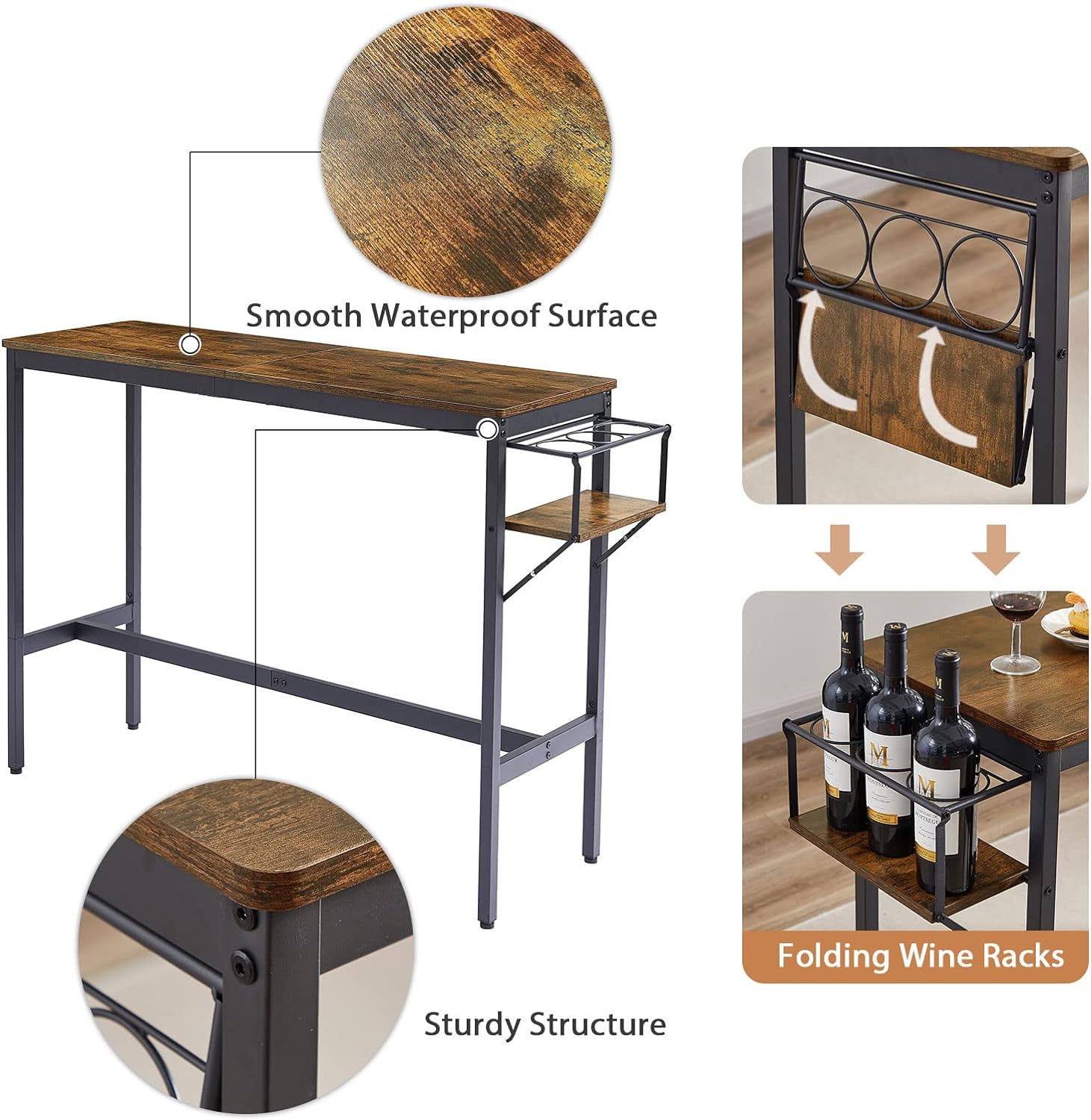 Juego de mesa de bar y sillas de 3 piezas, mesa de pub con estante plegable