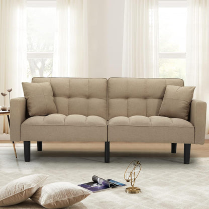 Sofá cama tipo futón, moderno sofá cama convertible de tela de lino tapizado