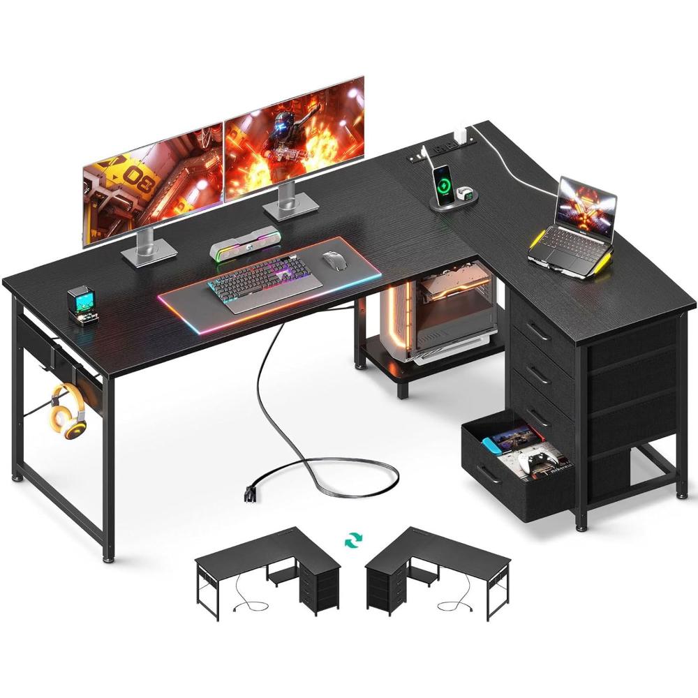 Escritorio Para Juegos En Forma De L Con 4 Cajones,AODK, Negro
