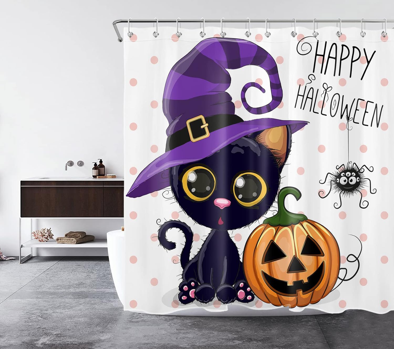 Halloween Pumpkin Shower Curtain Sets with Rugs Cartoon Cat Magic Hat Dots