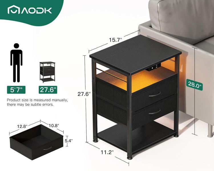Mesita de noche con estación de carga AODK, con cajones y 4 niveles de almacenamiento