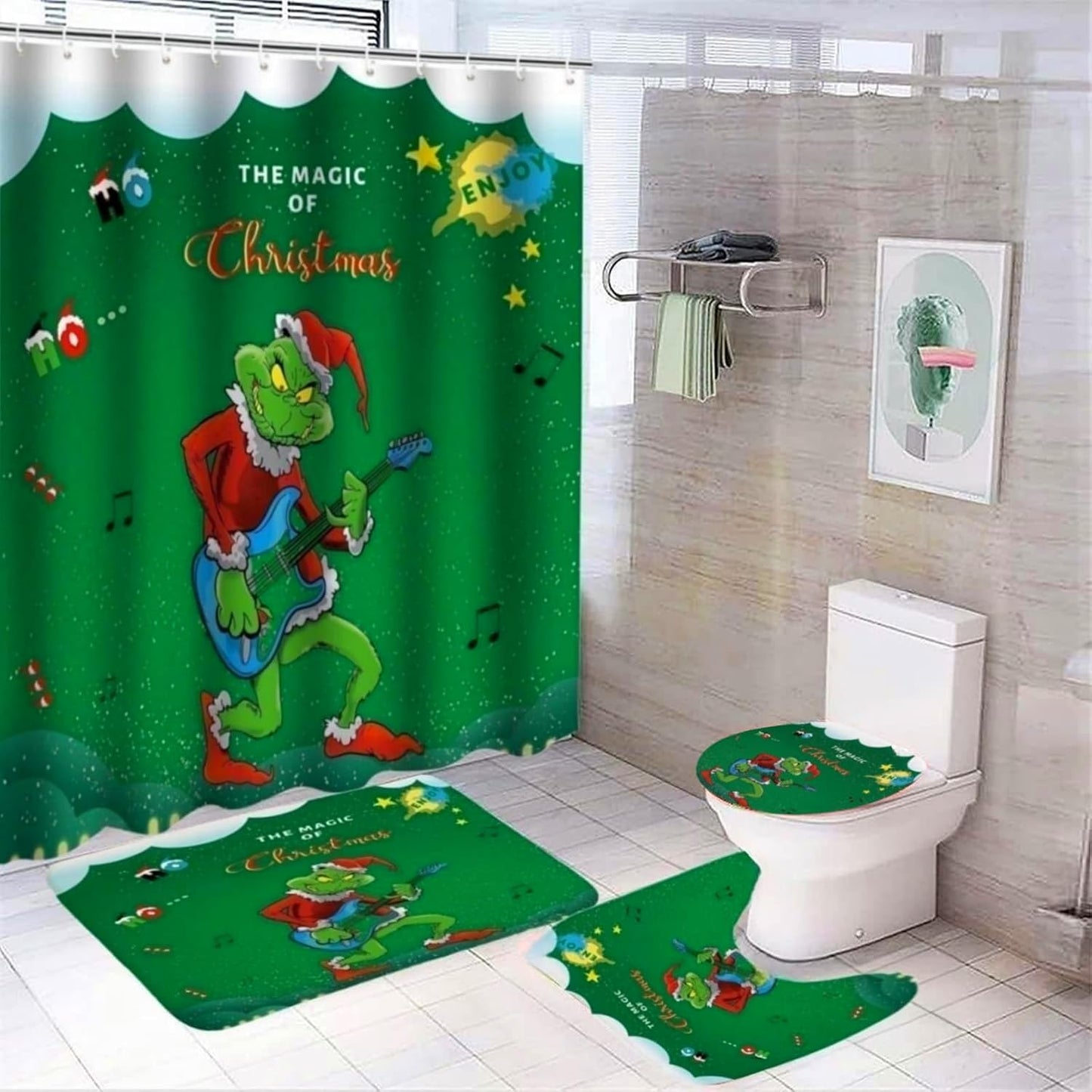 Juego de 4 cortinas de ducha navideñas con alfombras antideslizantes, cubierta