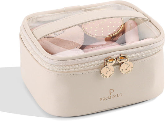 Pocmimut Bolsa de maquillaje transparente, bolsa de cosméticos de piel