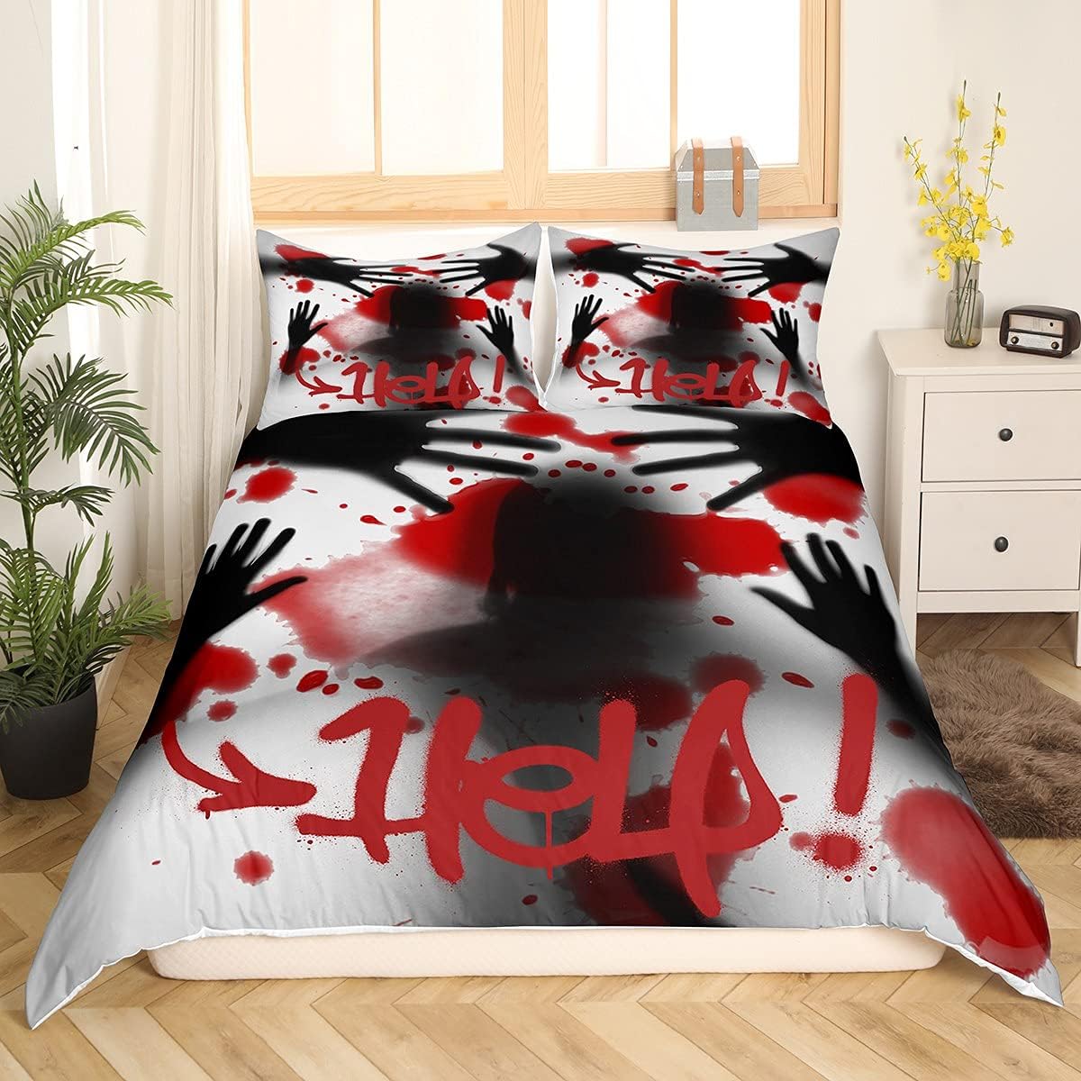 Juego de ropa de cama de Halloween, funda de edredón de manos sangrientas de...