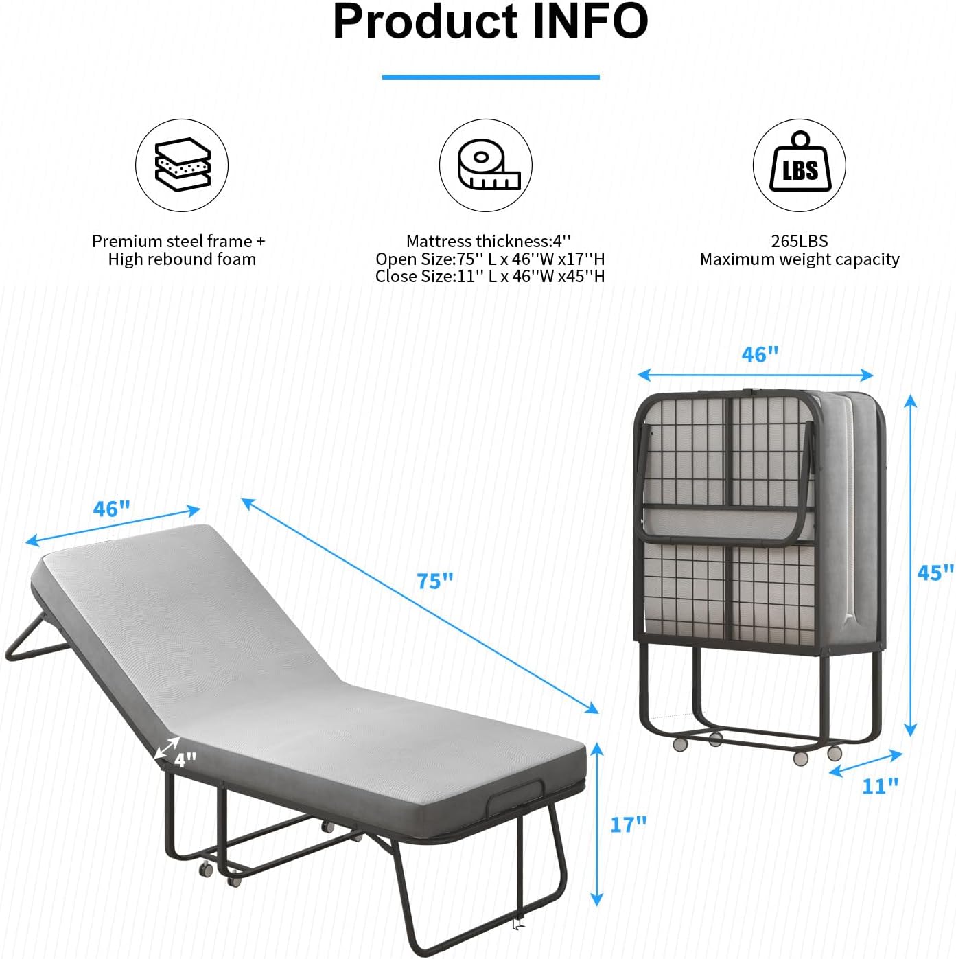 Cama plegable con colchón para adultos, camas de invitados plegables portátiles