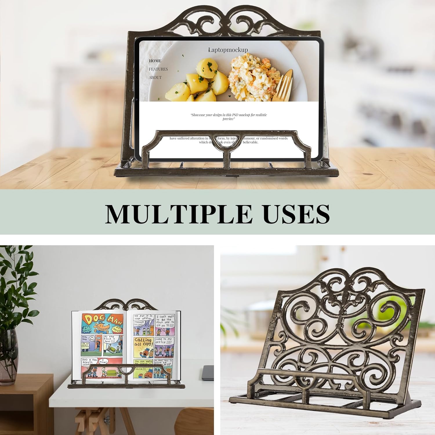 Soporte vintage para libros de cocina de hierro fundido, soporte decorativo de...