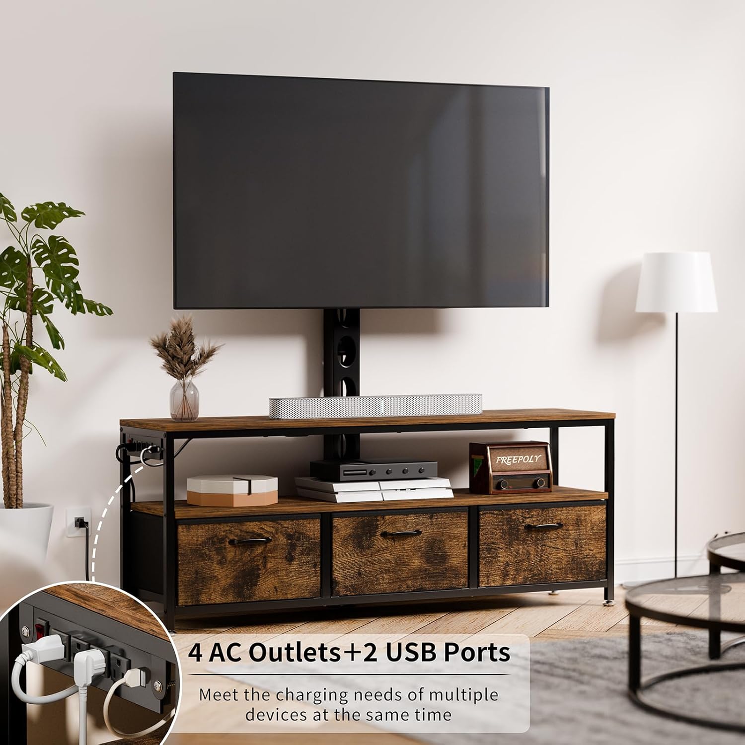 JUSTOGO Soporte de TV con soporte y toma de corriente, soporte de TV con...