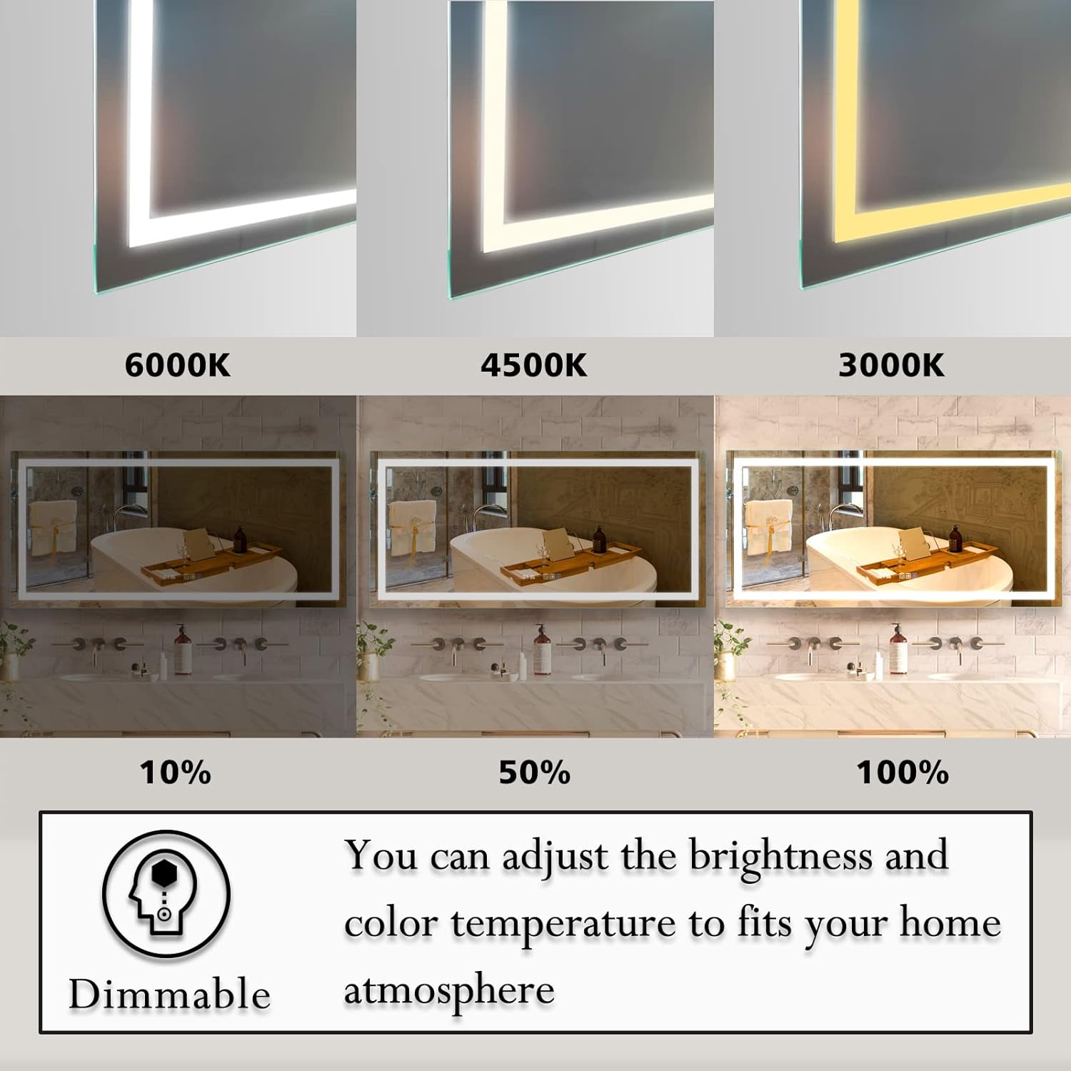 ExBrite Espejo de baño de 60 x 28 pulgadas con luz LED regulable para baño,...