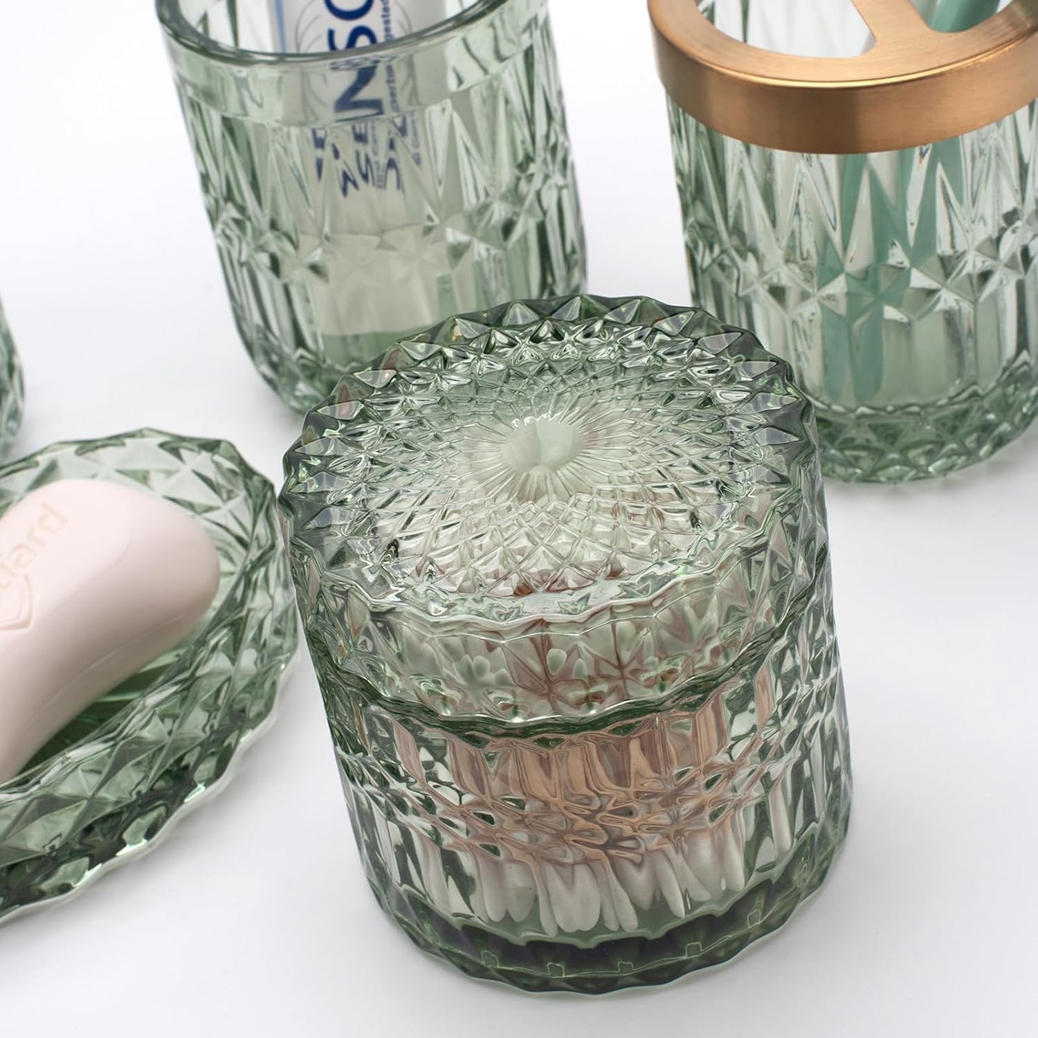 Juego de 5 accesorios de baño de vidrio verde para baño, dispensador de loción,...