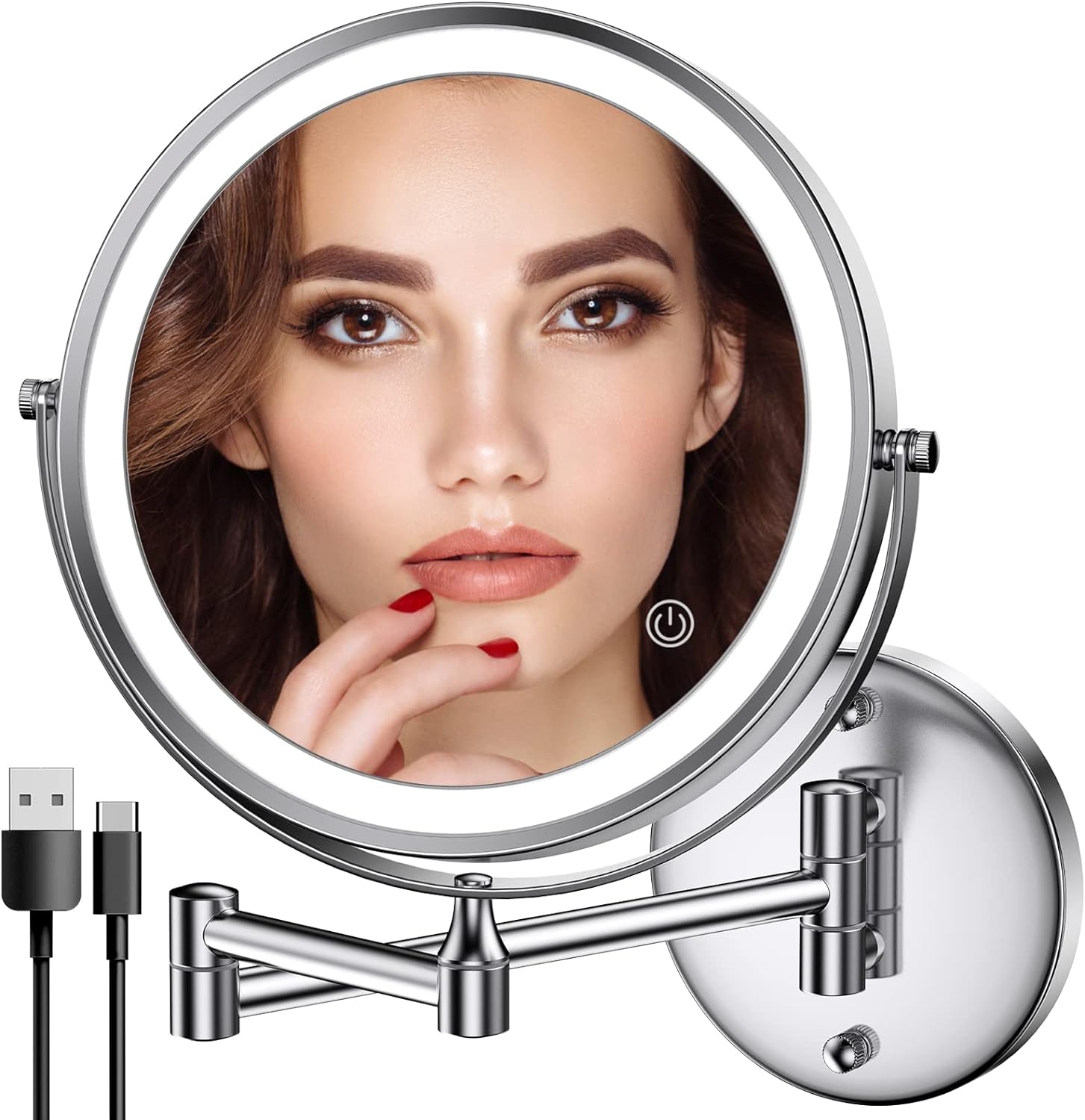 Espejo de maquillaje iluminado de pared recargable cromado, espejo de tocador...