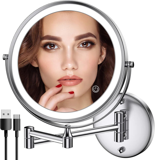 Espejo de maquillaje iluminado de pared recargable cromado, espejo de tocador...