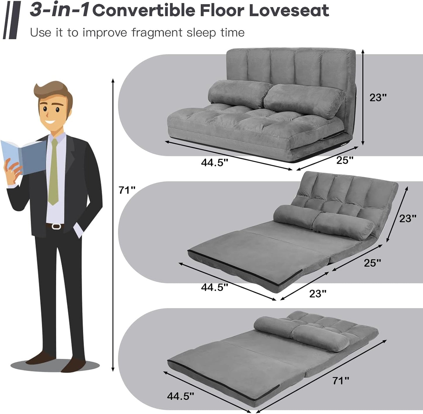 Sofá de suelo con 2 almohadas, sofá cama plegable ajustable de 6 posiciones con