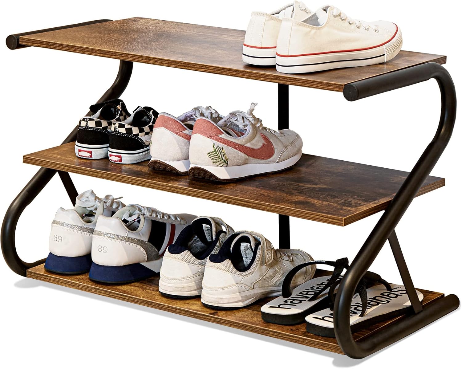 Zapatero de 3 niveles, estante de zapatos de madera con marco en Z con estantes...