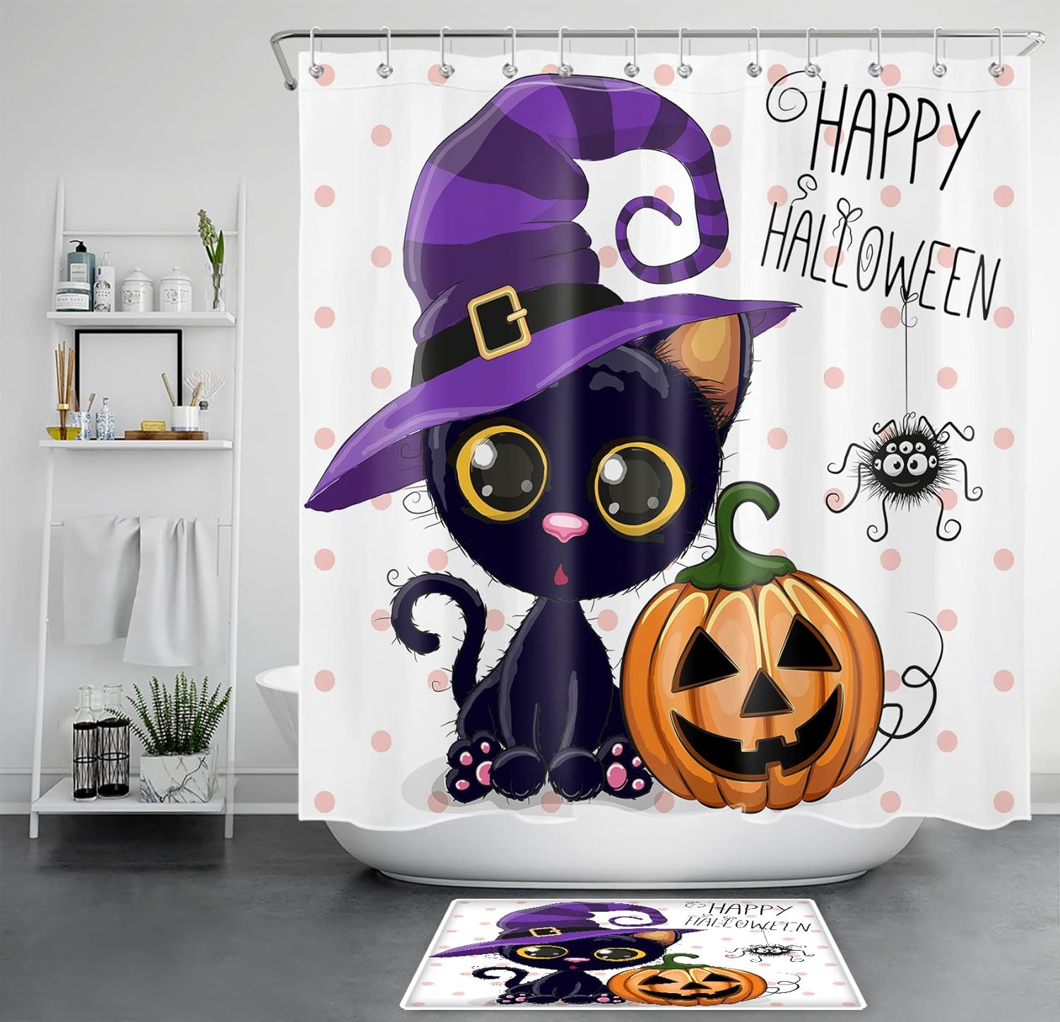 Halloween Pumpkin Shower Curtain Sets with Rugs Cartoon Cat Magic Hat Dots