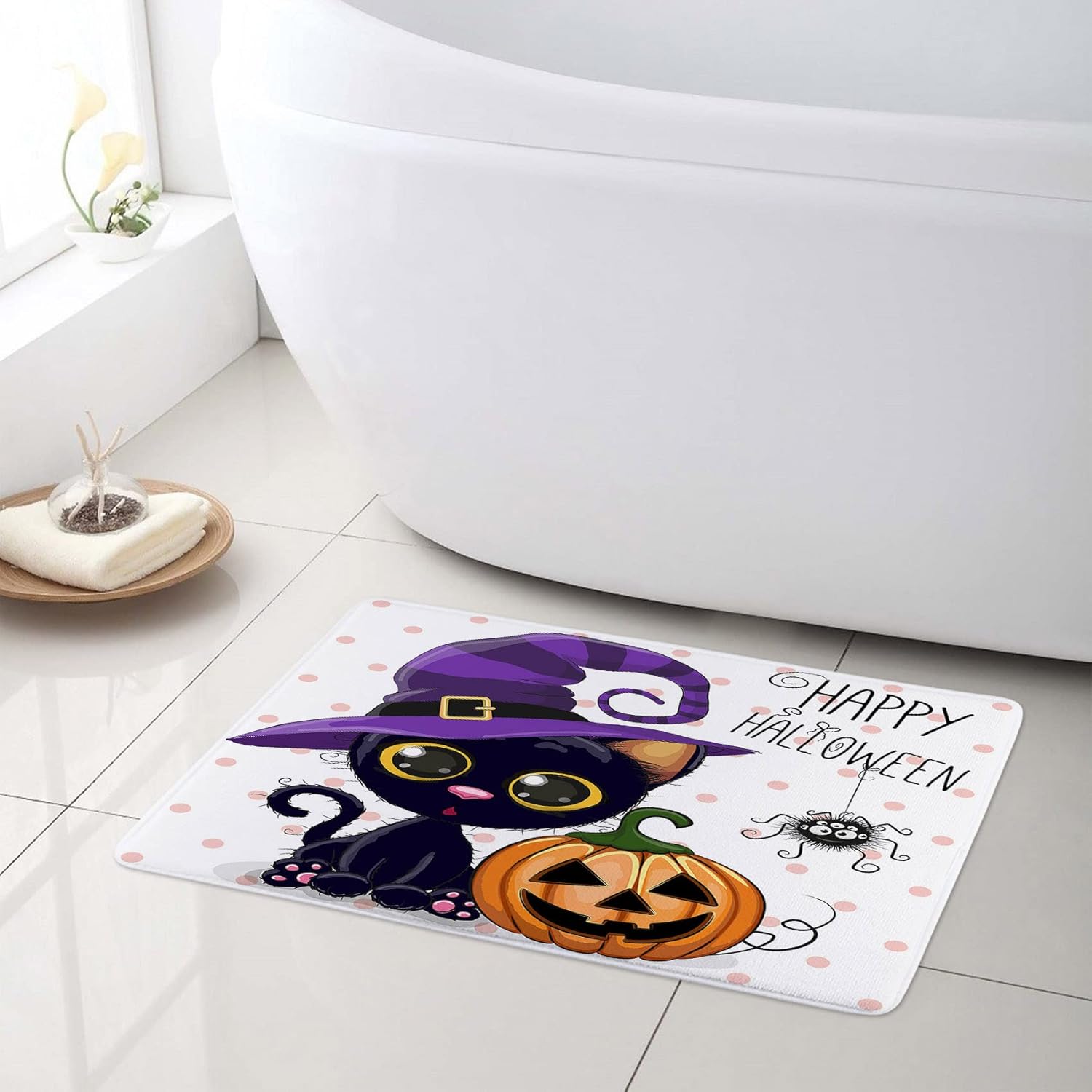 Halloween Pumpkin Shower Curtain Sets with Rugs Cartoon Cat Magic Hat Dots