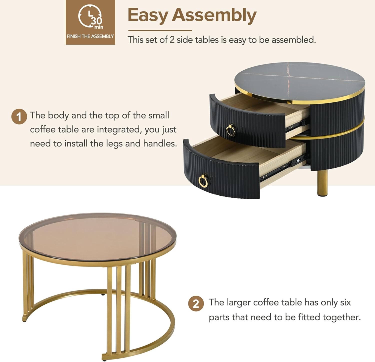 LUMISOL Mesa auxiliar anidable con 2 cajones, mesa auxiliar apilable con vidrio...