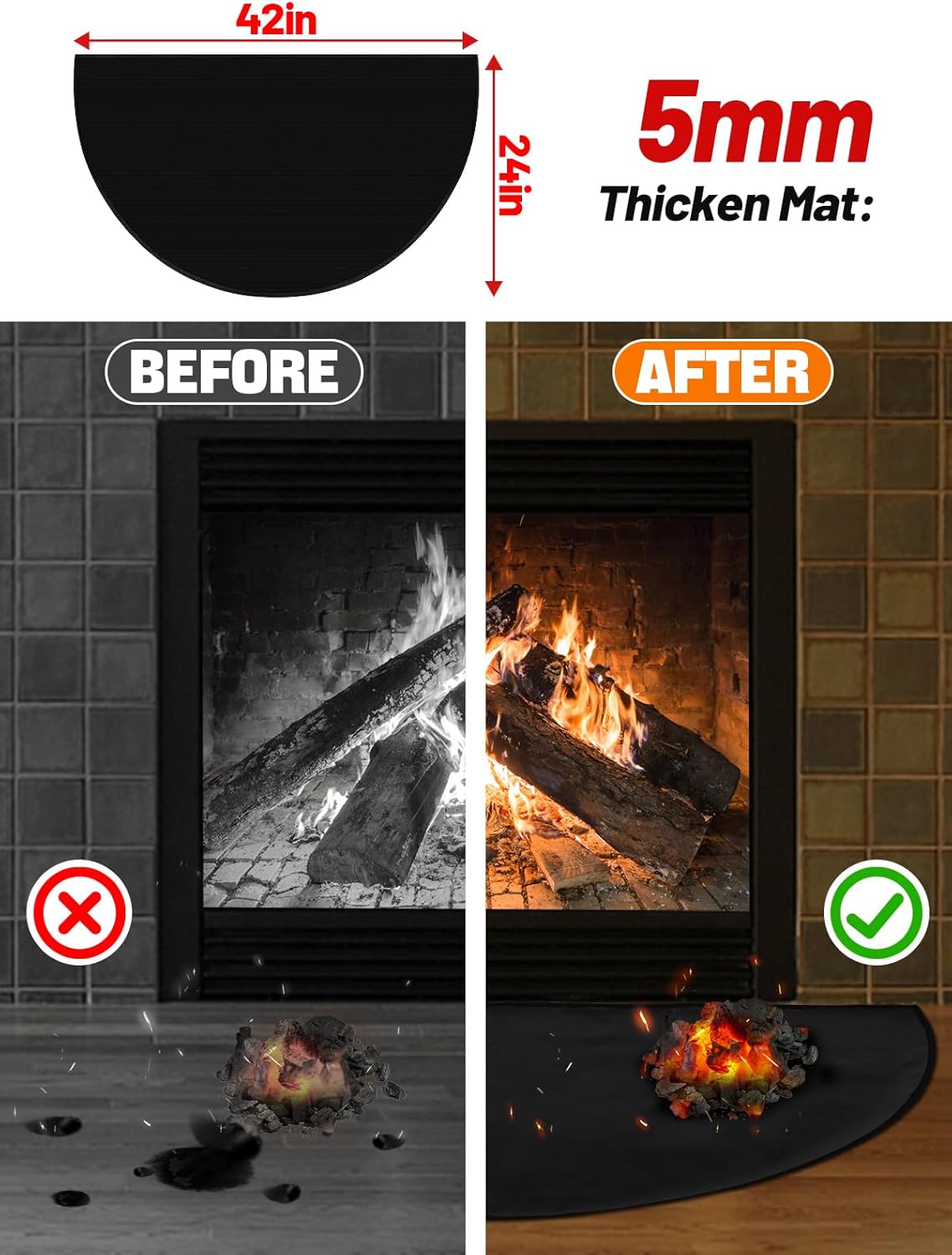 Tapete grueso mejorado para chimenea, de 24 x 42 pulgadas, resistente al fuego,...