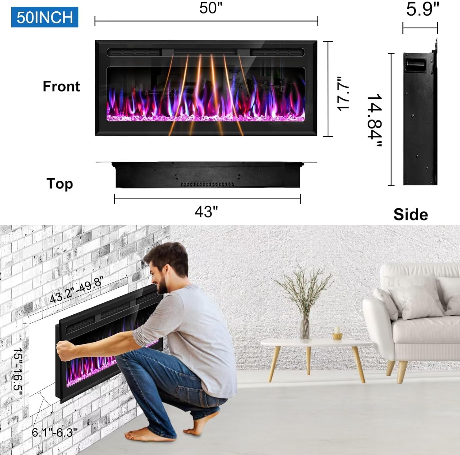 Chimenea eléctrica de 50 pulgadas, chimenea lineal montada en la pared y...