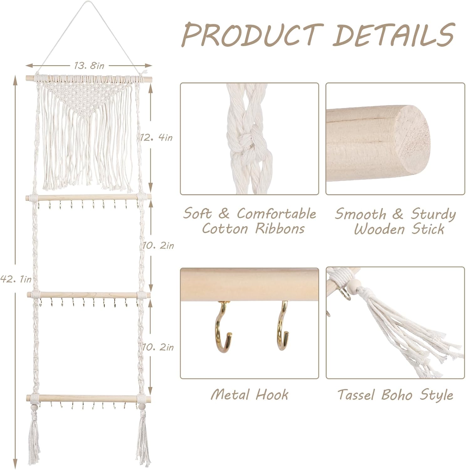 Organizador colgante de joyas, colgador de collar de macramé bohemio montado en