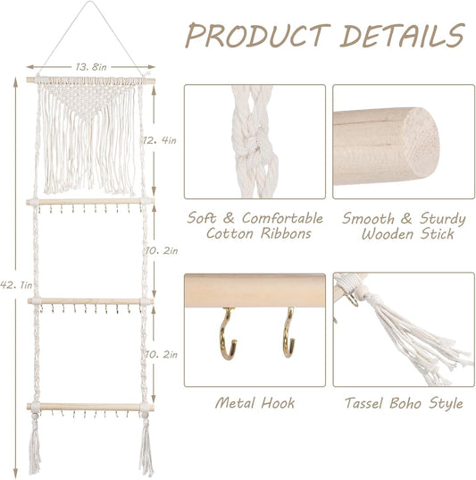 Organizador colgante de joyas, colgador de collar de macramé bohemio montado en