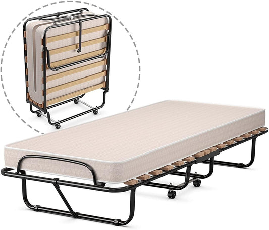 Cama plegable con colchón, portátil para invitados con marco de metal