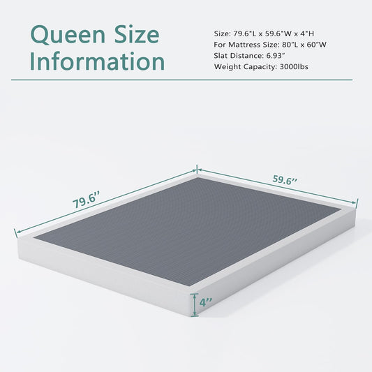 Base de colchón Box Spring Queen de 4 pulgadas, resistente metal, solo con