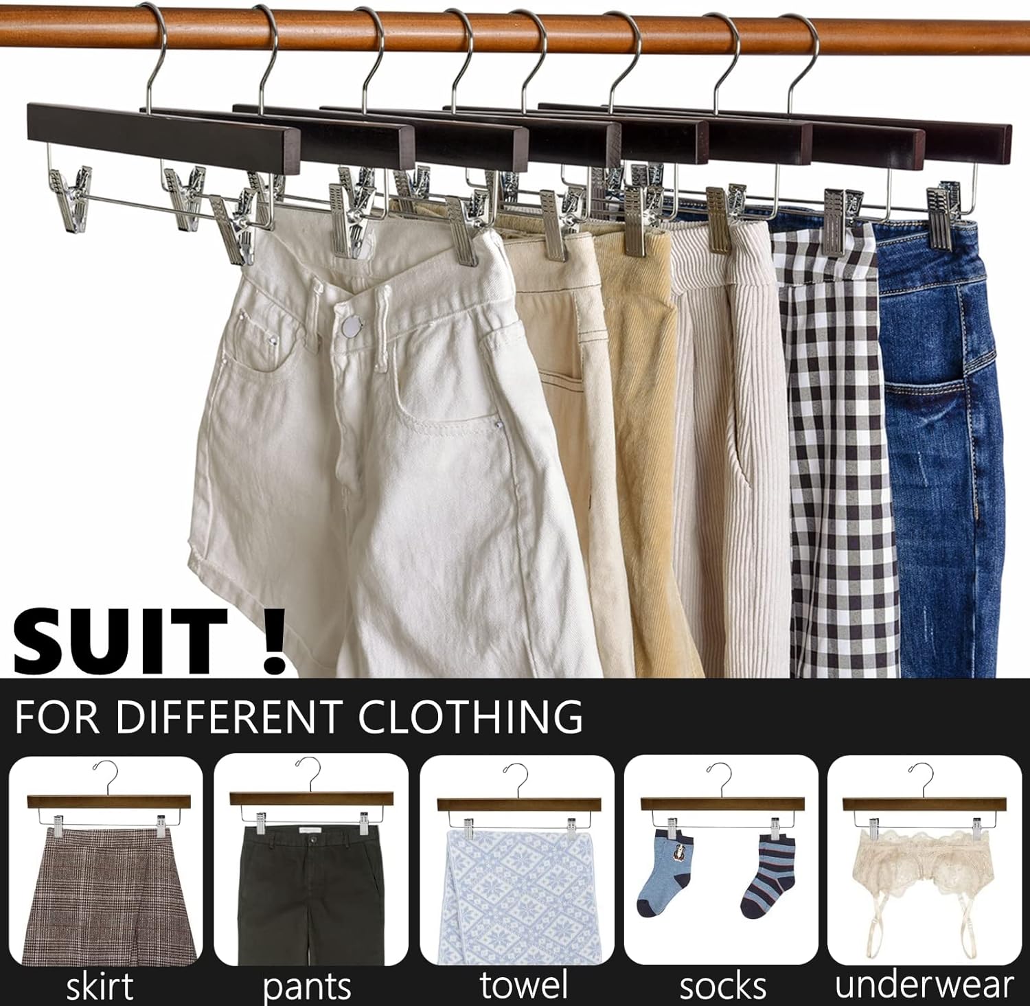 Amber Home Paquete de 24 perchas retro de madera para pantalones con clips,...