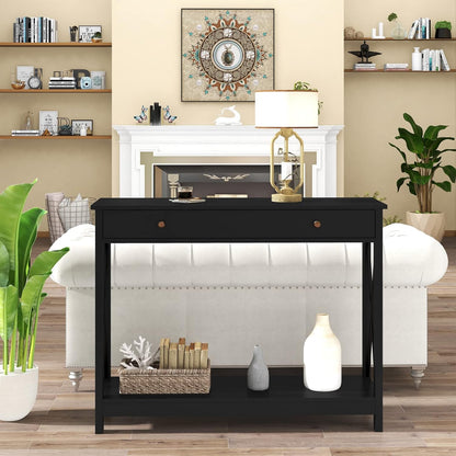 Mesa consola de diseño Oxford con cajón y estantes de almacenamiento, mesa de