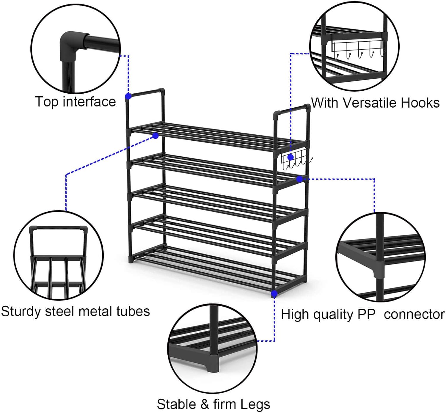 Zapatero de metal de 5 niveles, organizador de almacenamiento ajustable con...