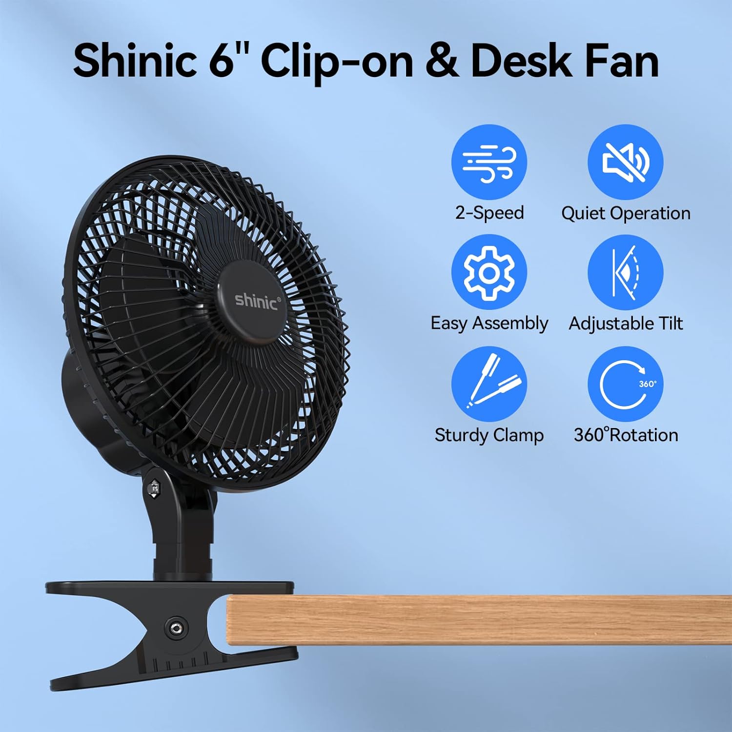 shinic Ventilador de clip de 6 pulgadas con abrazadera fuerte, potente flujo de...