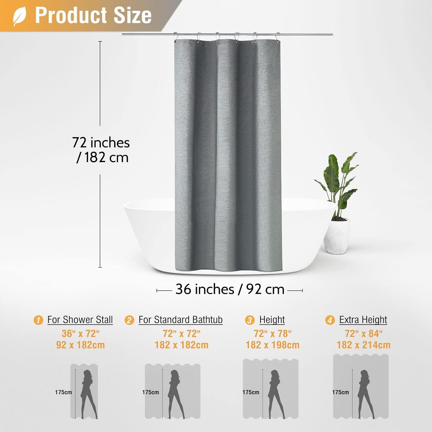 BTTN Cortina de ducha de tela gris de 7.11 ozm, juego de cortina de ducha de...