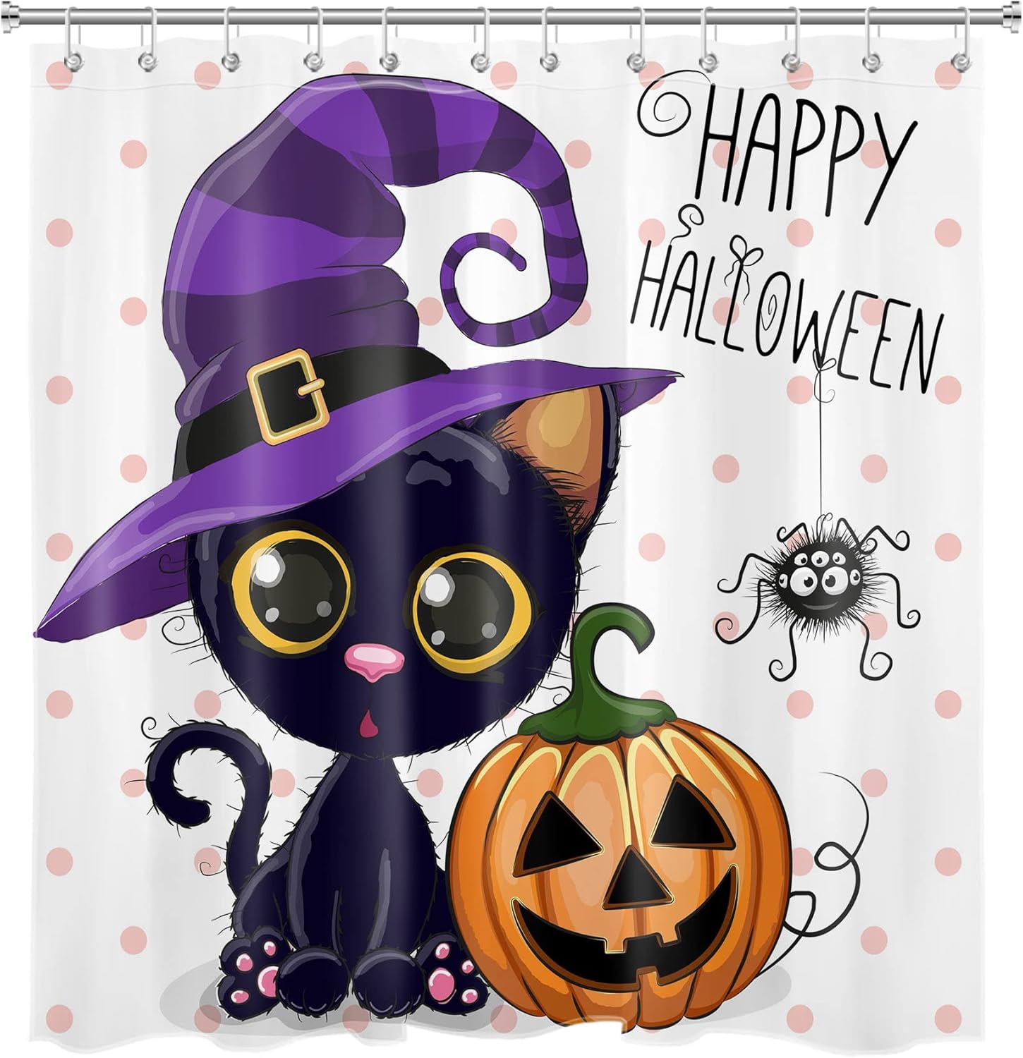 Halloween Pumpkin Shower Curtain Sets with Rugs Cartoon Cat Magic Hat Dots