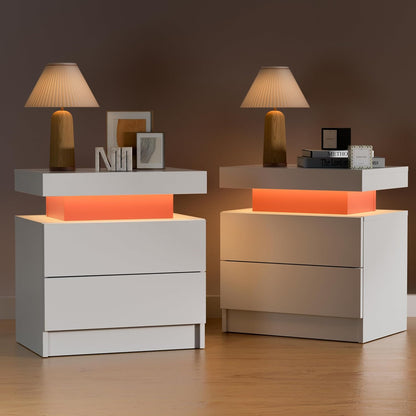 Juego de 2 mesas auxiliares LED, moderna mesita de noche con 3 luces LED y 2