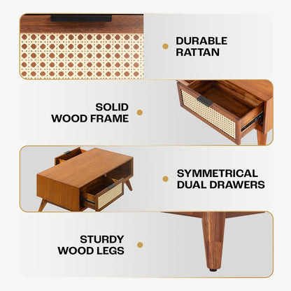 Bme Mesa de centro moderna de madera maciza con almacenamiento, diseño de ratán...