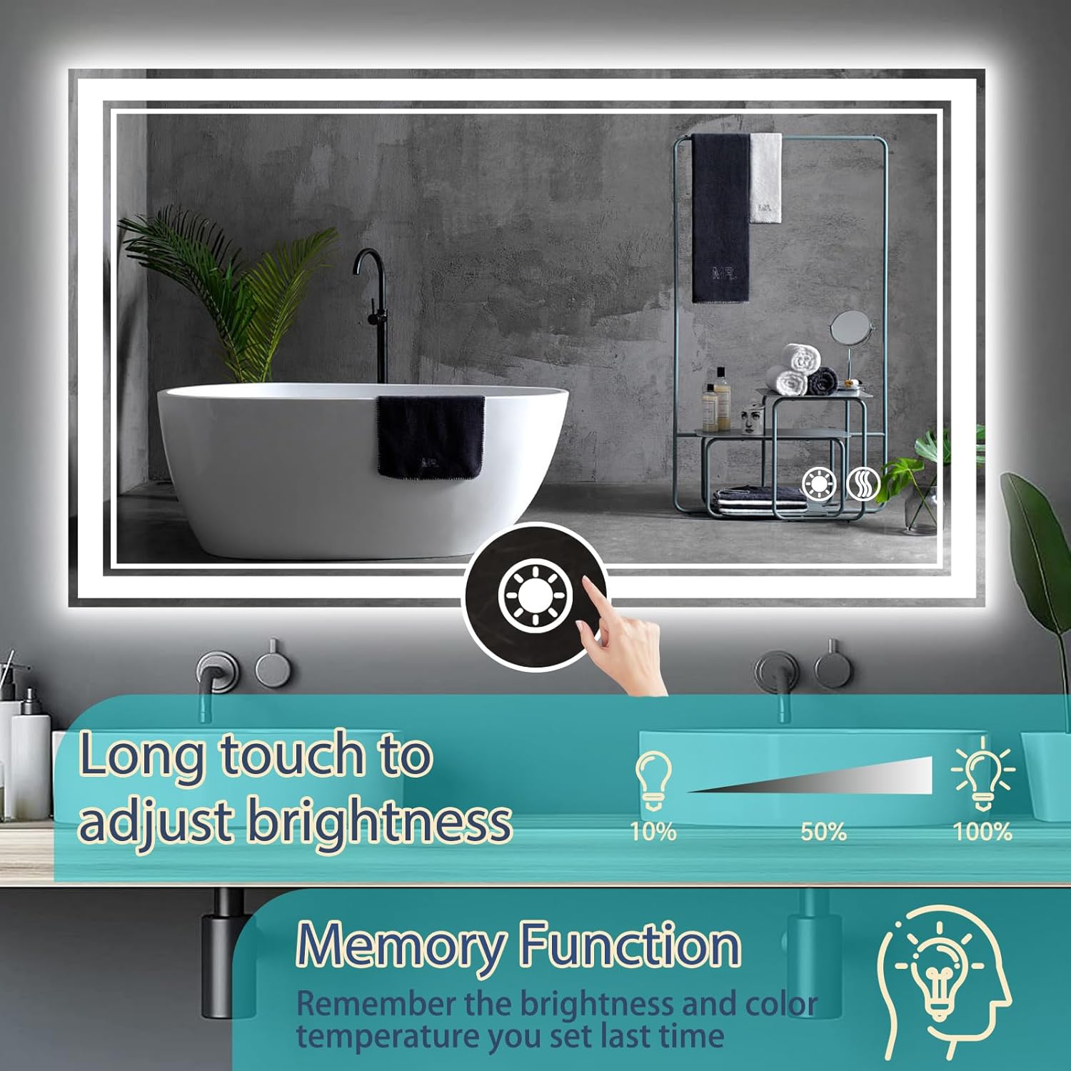 Espejo LED de 40 x 24 pulgadas para baño, espejo de baño sin niebla, con luces,...