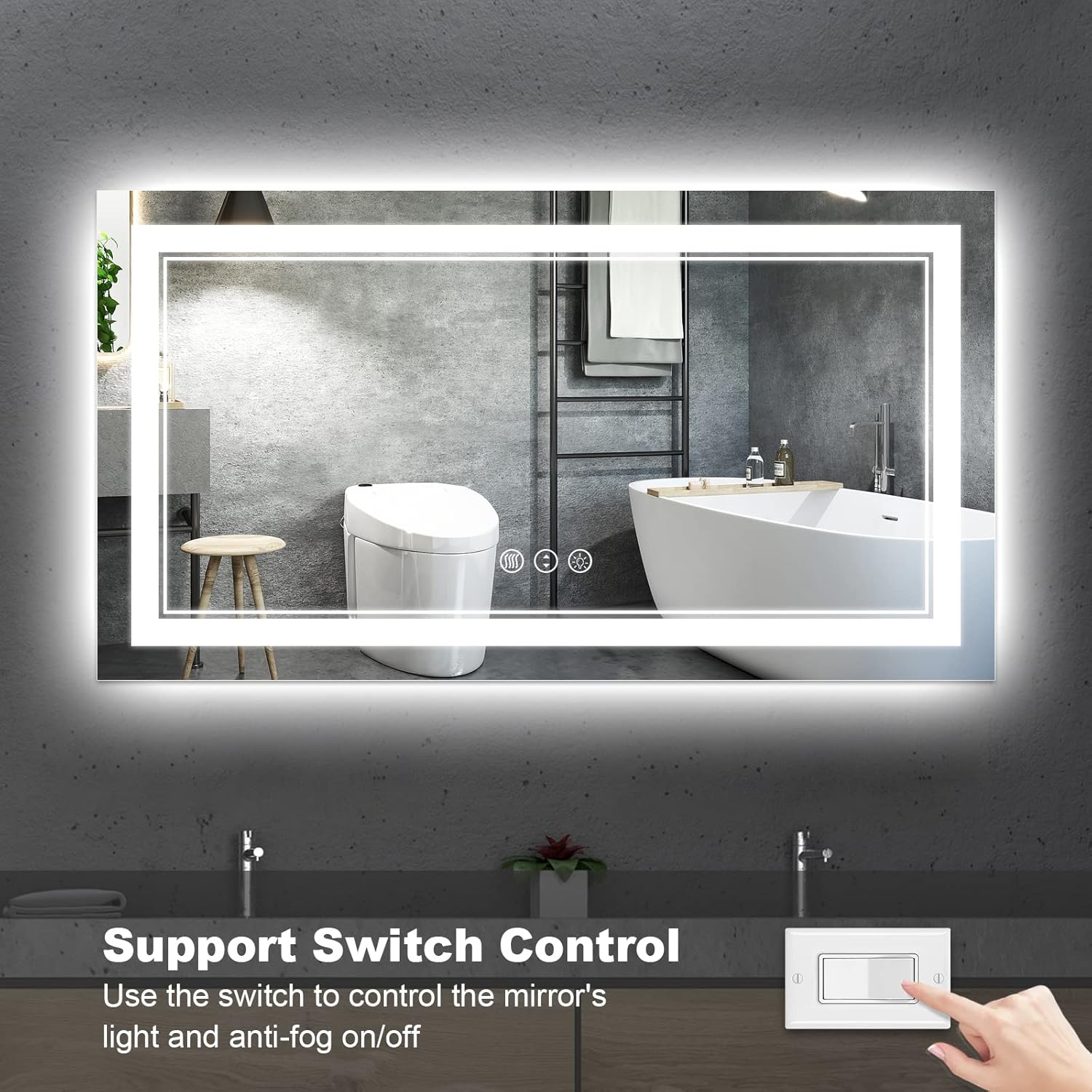Espejo de baño LED de 55 x 30 pulgadas, retroiluminado y luz delantera,