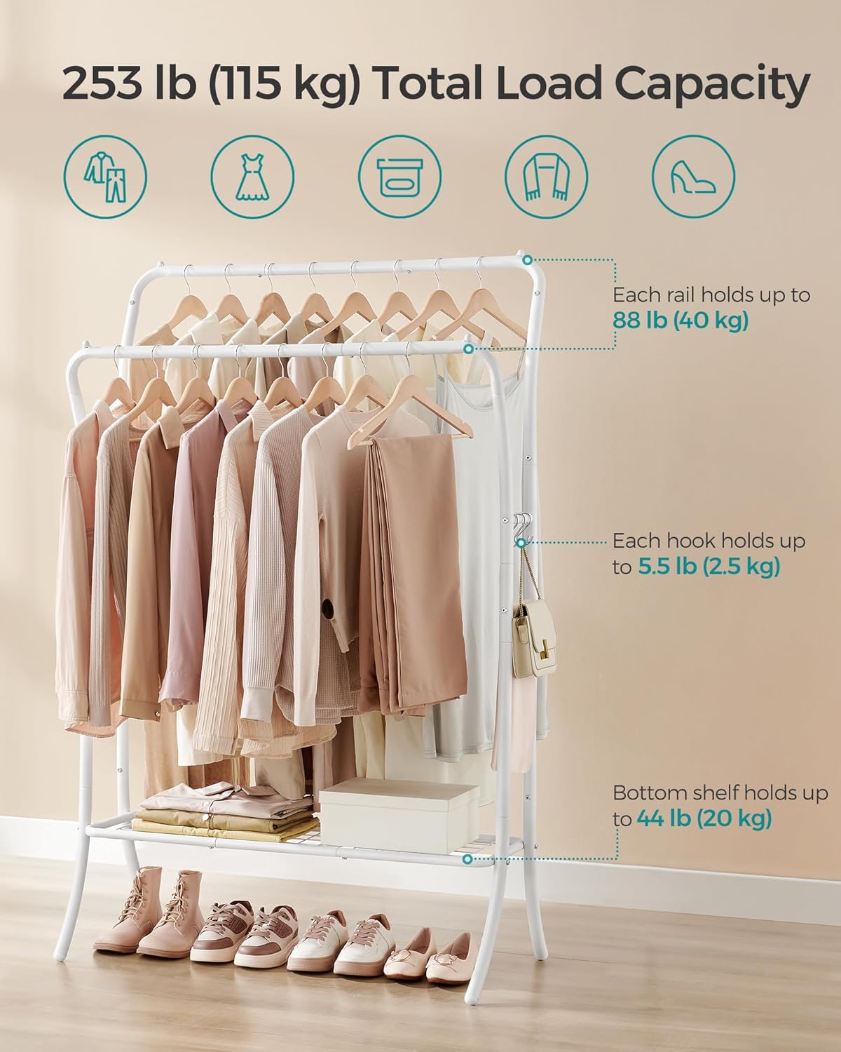 SONGMICS Perchero de ropa con estantes, perchero resistente, perchero de doble