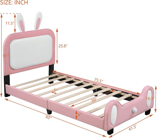 Cama de princesa tapizada tamaño individual para niños con cabecera en forma de