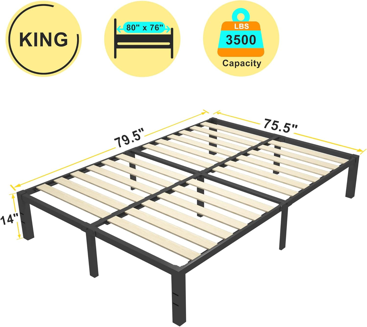 Marcos de cama King de 14 pulgadas de madera con listones de madera, plataforma