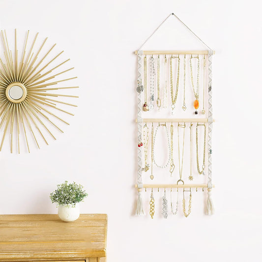 Dahey Organizador de joyas colgante de macramé con 30 ganchos montado en la