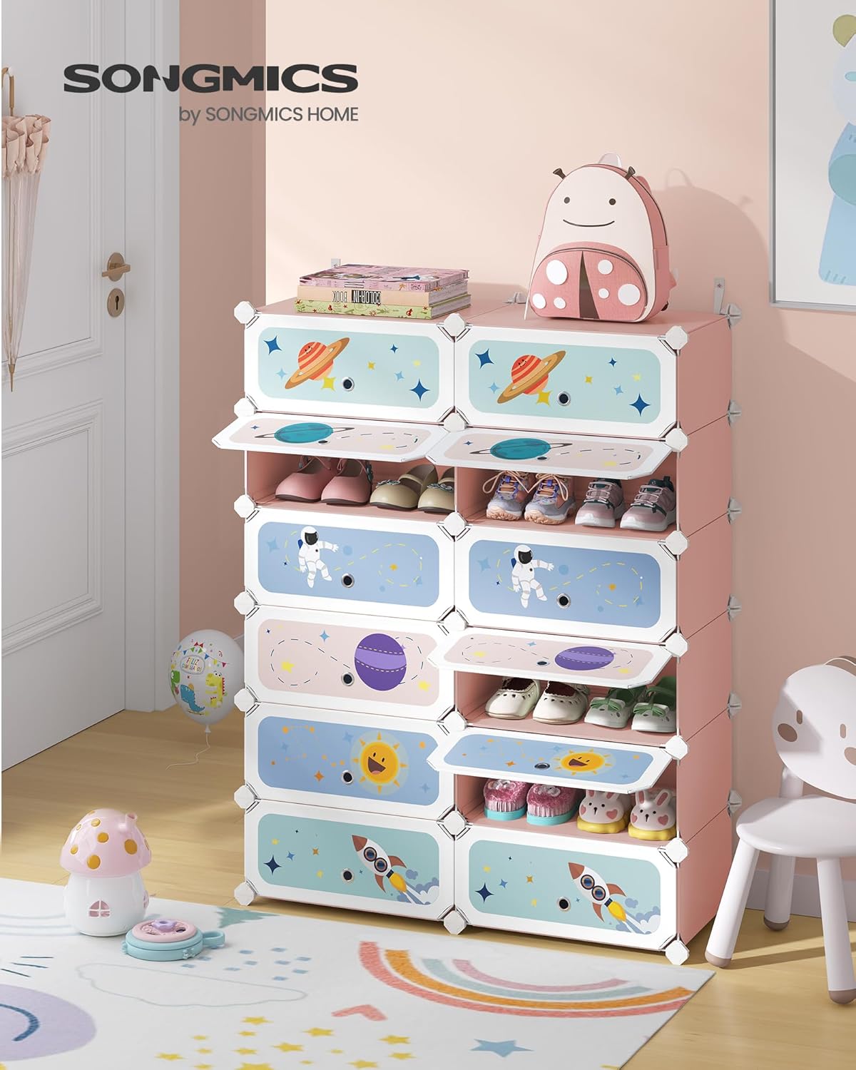 Zapatero para niños con puertas, organizador de almacenamiento apilable de 12