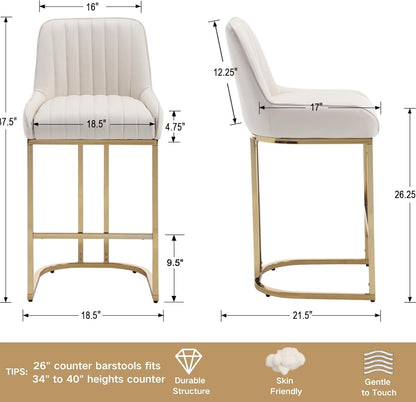 Juego de 2 taburetes de bar modernos de cuero tapizados con patas doradas,