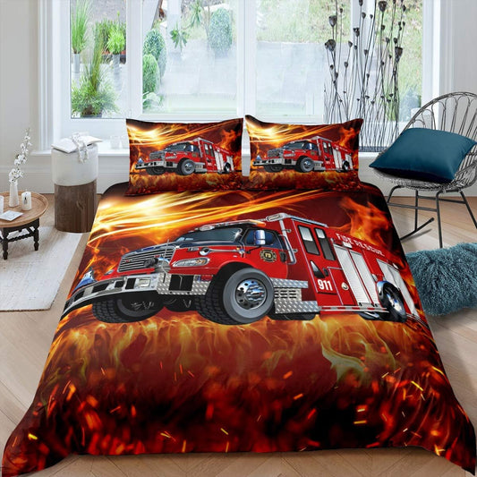 Erosebridal Juego de ropa de cama de camión de bomberos, funda de edredón de...