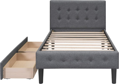 Cama de plataforma tapizada de tamaño individual con cajones de almacenamiento,