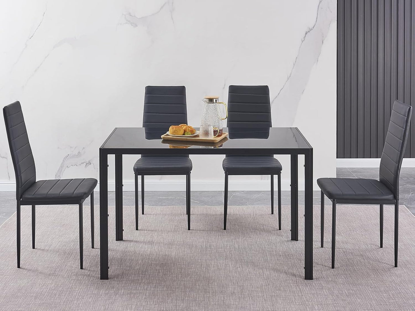 Mesa de comedor negra con sillas, juego de mesa rectangular para 4 mesas de